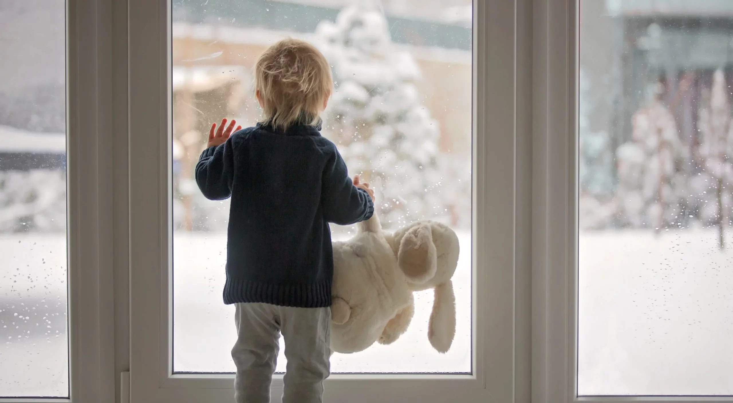 a child holding a stuffed bunny looks out a window at the slow fall