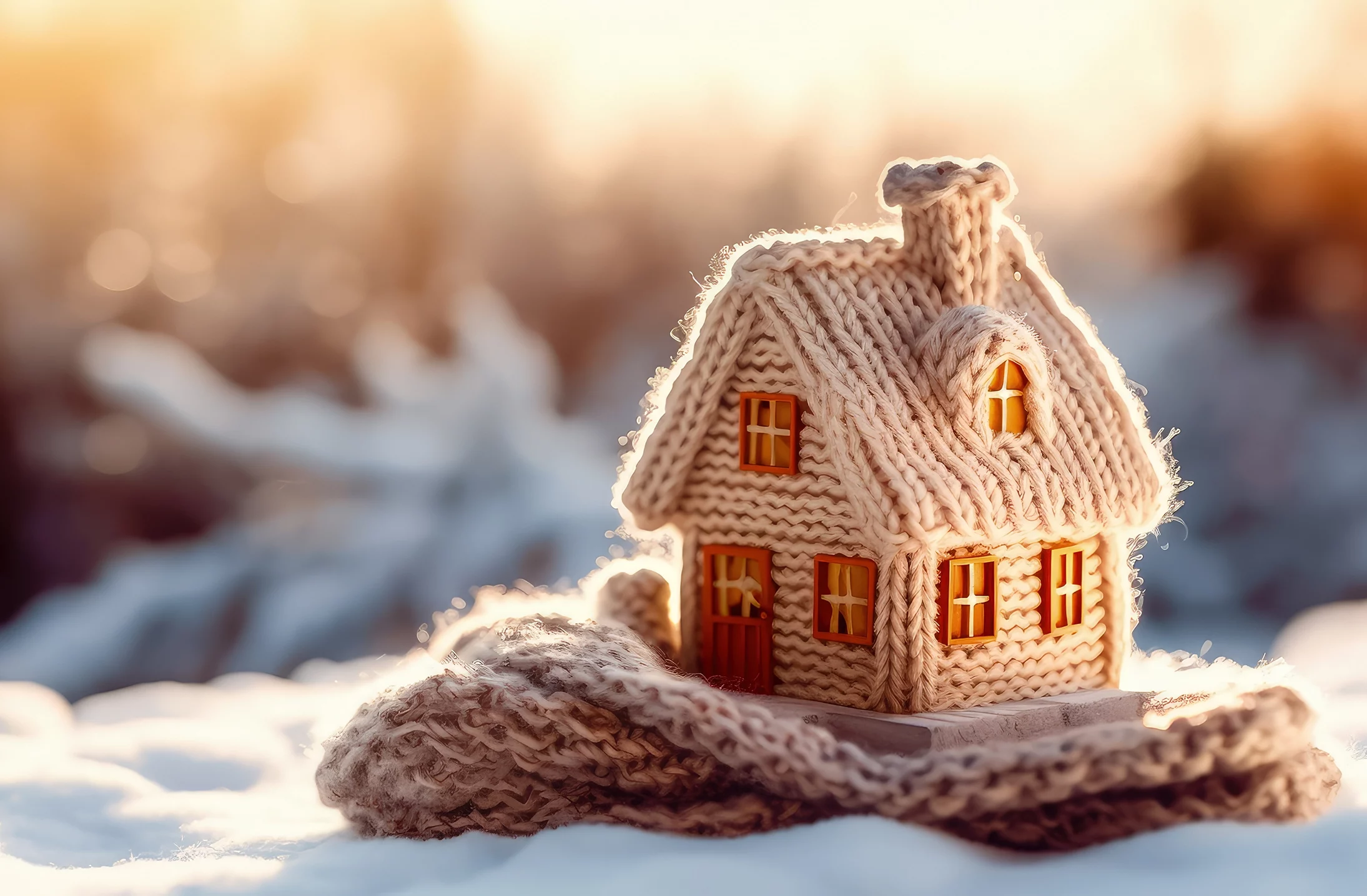 A toy house made out of yarn in a winter landscape